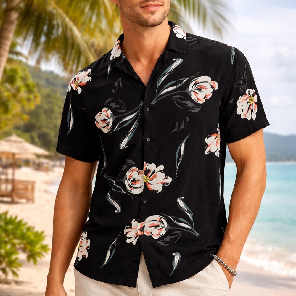 Men’s Floral Hawaiian Shirt | Tropical Button-Up Collar | Boho Summer Vacation
